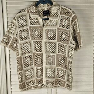Abercrombie & Fitch Mens Beige White Granny Square Knit Cardigan Sweater Small